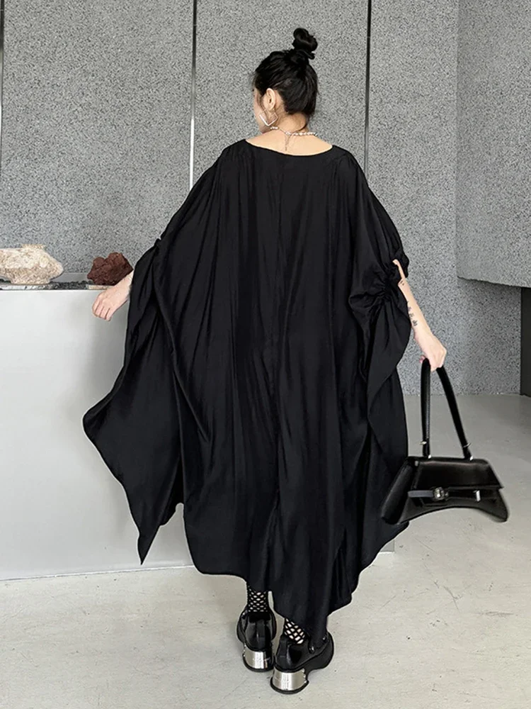 XITAO Black Irregular Batwing Sleeve Dress Loose Fashion Folds Patchwork Hem 2024 Summer New Personality Women WLD20226