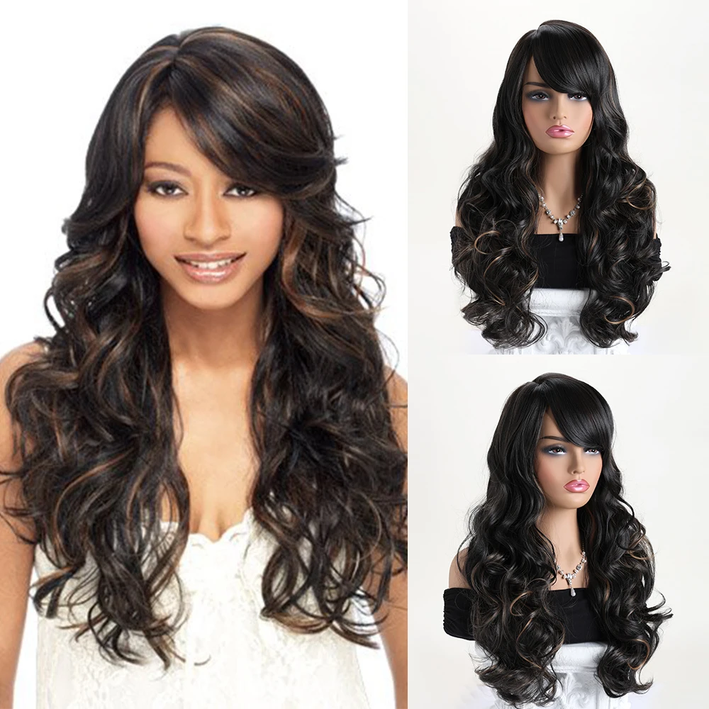 

26-дюймовый синтетический черно-коричневый длинный парик для женщин, натуральные волнистые прически с челкой для повседневного использования и Хэллоуина