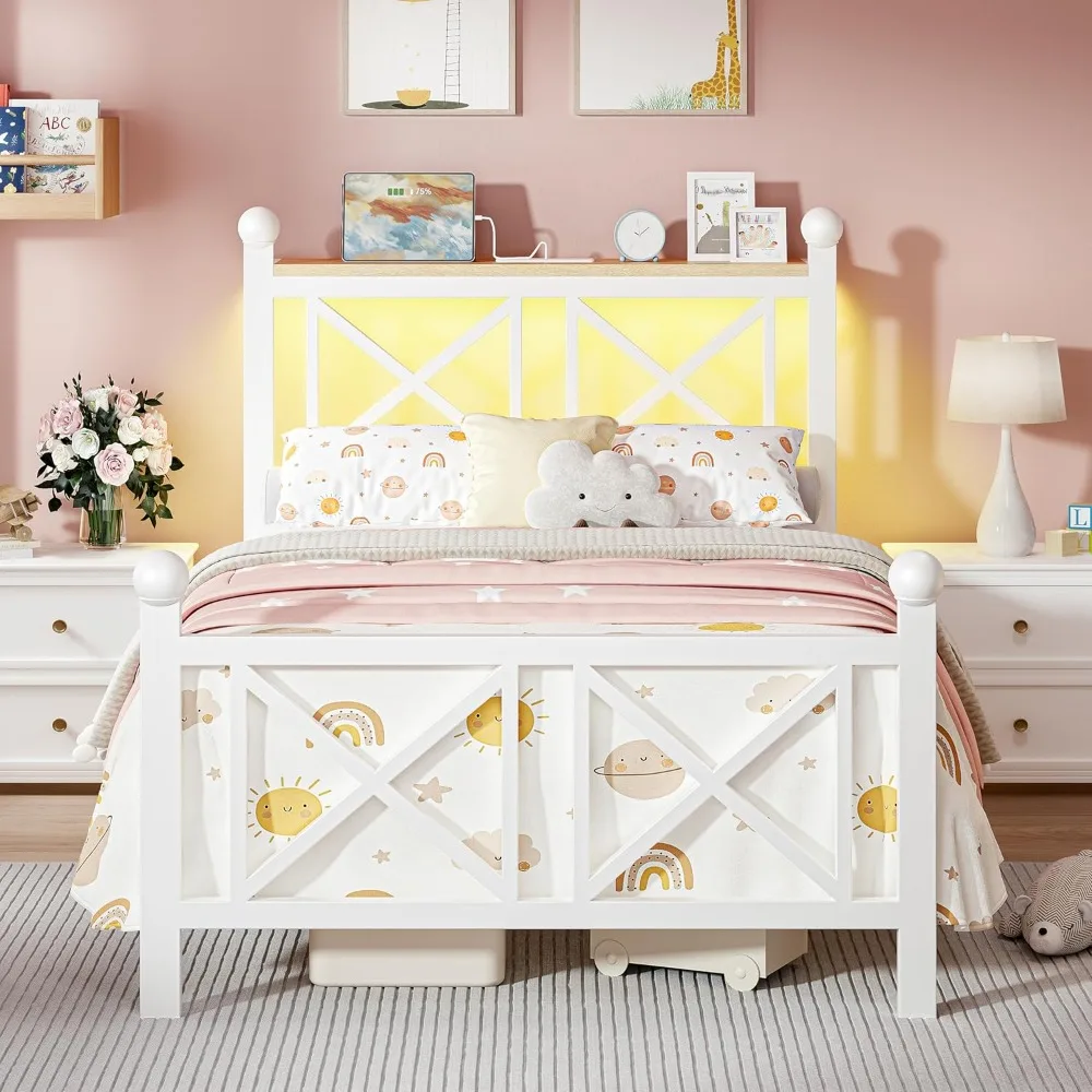 

Twin White Bed Frame with Headboard and Footboard, Storage Shelf with LED Lights and Charging Station, Strong Metal Slats Suppor