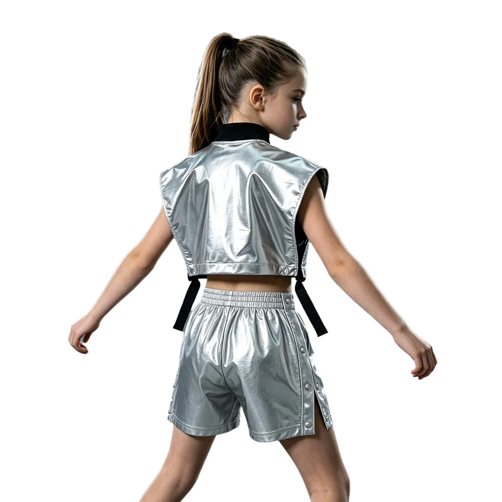Kinder Mädchen Hip-Hop Jazz-Tanz-Outfit Aufführungskostüm mit seitlich geöffneter Metallweste mit Reißverschluss und seitlichen Druckknöpfen sowie glänzenden Shorts – Detail 9