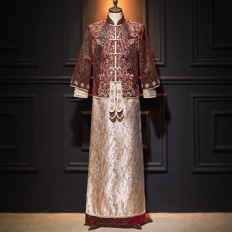 

Fenggua Xiuhe Chinese triditional red long sleeves Groom's Wear Men's Dragon Phoenix Gown Fringed Top Tang Suit Wedding Dress