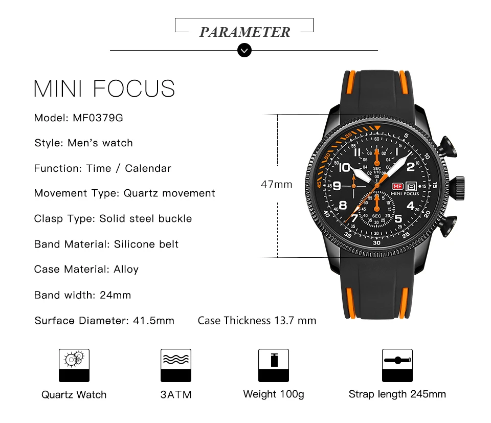 MINI FOCUS Electronic Quartz Mens Watches Auto Date Wristwatch Water Resistant Clock Gift for Men Relogio Masculino 0379G