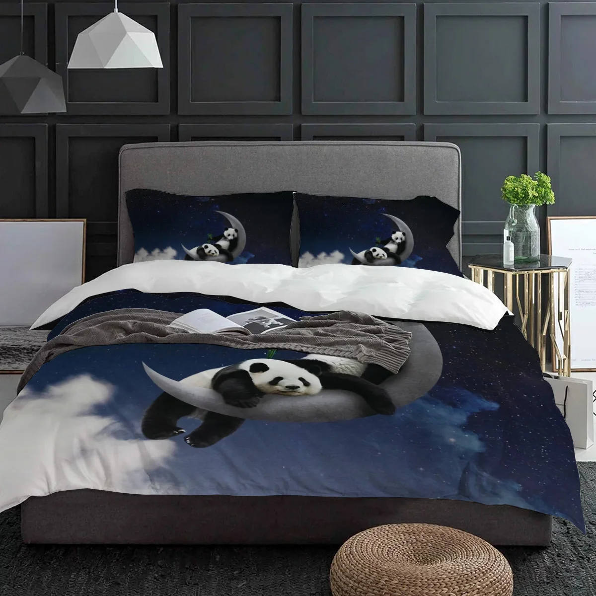 Immagine 4: Luna Notte Cielo Panda Stella di bambù Animale Copripiumino con federa Personalizzato 3 pezzi Set biancheria da letto Copripiumino Letto matrimoniale Tessili per la casa