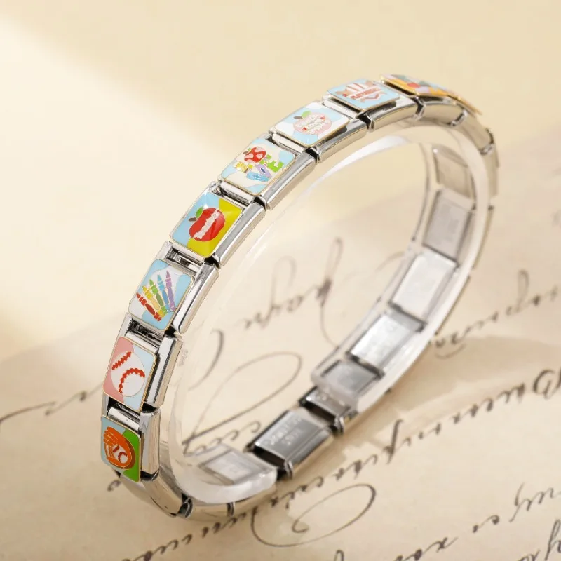 Hapiship 2024 New Women\'s Learning Teaching Baseball Italian Charm Link Fit 9mm Stainless Steel Bracelet Making Jewelry DJ1348-B