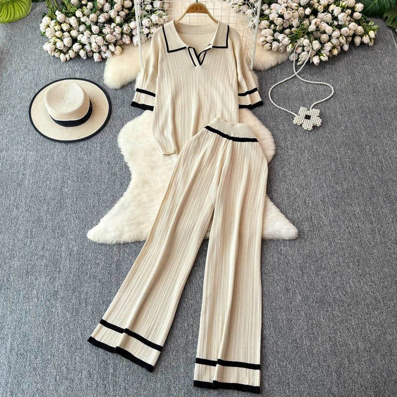 Summer Autumn Knitting Sweater Pants Suits Women Wide Leg Pants Two-piece Set