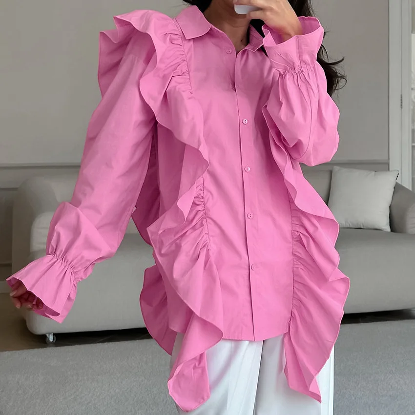 Fasion Frill Blouse Women Pink Shirt Retro Blouse Streetwear Blusas Femininas Elegantes Luxury Women Tops 2024 New Collection