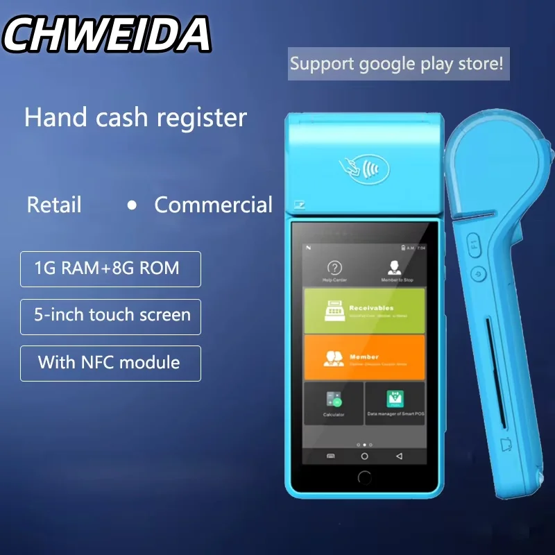 CHWEIDA 5 Inch Touch Screen Handheld 4G Smart Pos Receipt Printer with Bluetooth Wifi Thermal Mini Pos Printer