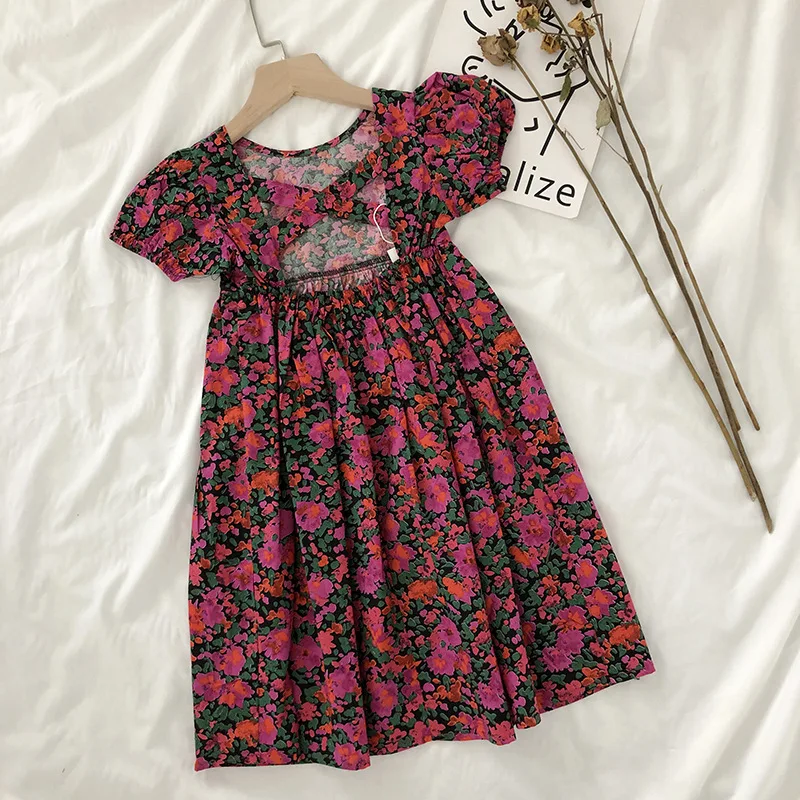 Summer Casual Baby and Girls Cotton All-Over Floral Backless A-Line Retro Long Dress School Kids Sweet Outfit Child Skirt 2-8Yrs