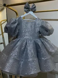 Kids Dresses Girl Shining silver gray big bow tutu Princess Dress Children Wedding Flower Girl baby Birthday Party Dress