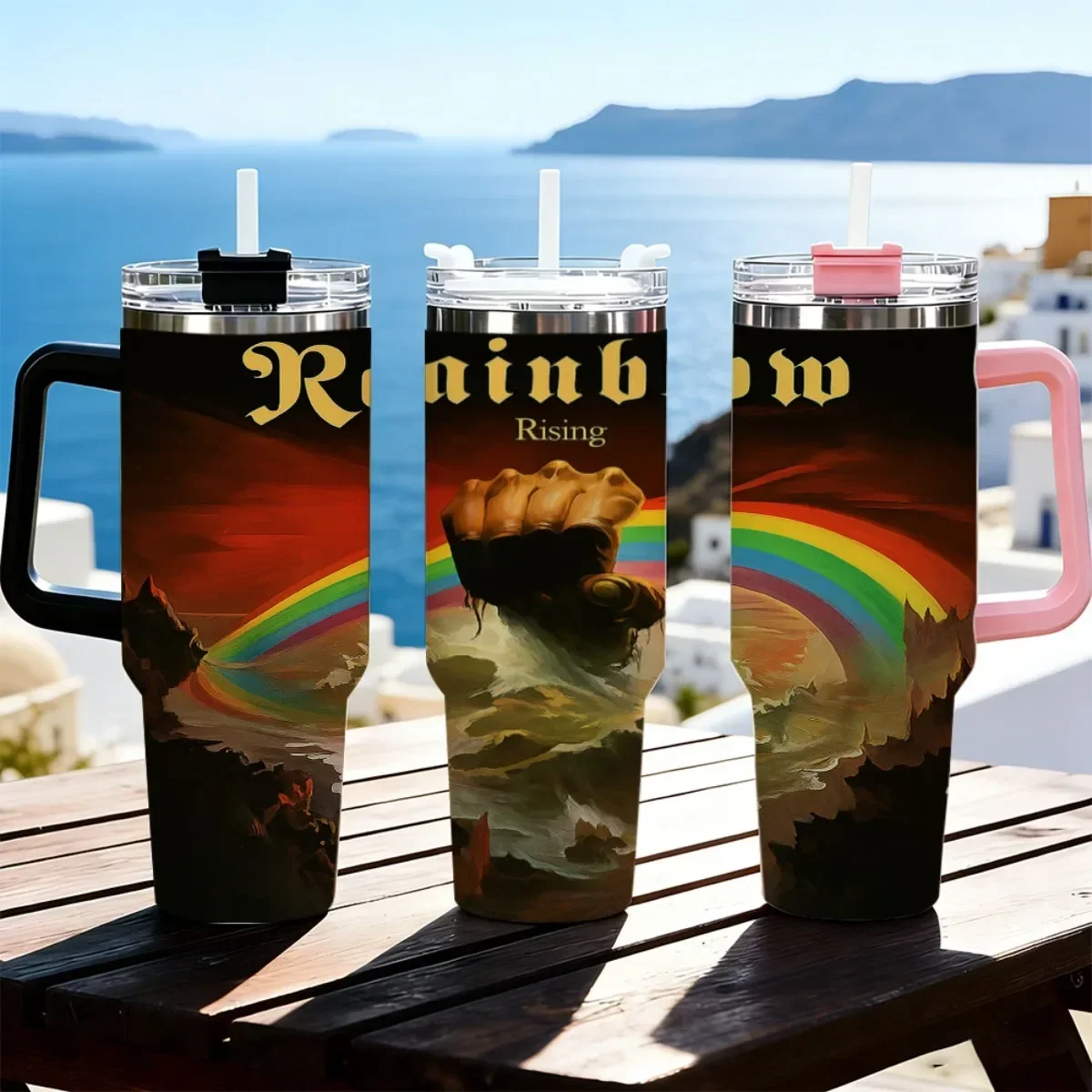 40oz Tumbler with Handle Retro Rainbow Rising Fist Mountain Landscape Graphic Print Insulated Cup, Other colors sold out, random black or white shipment for other color orders