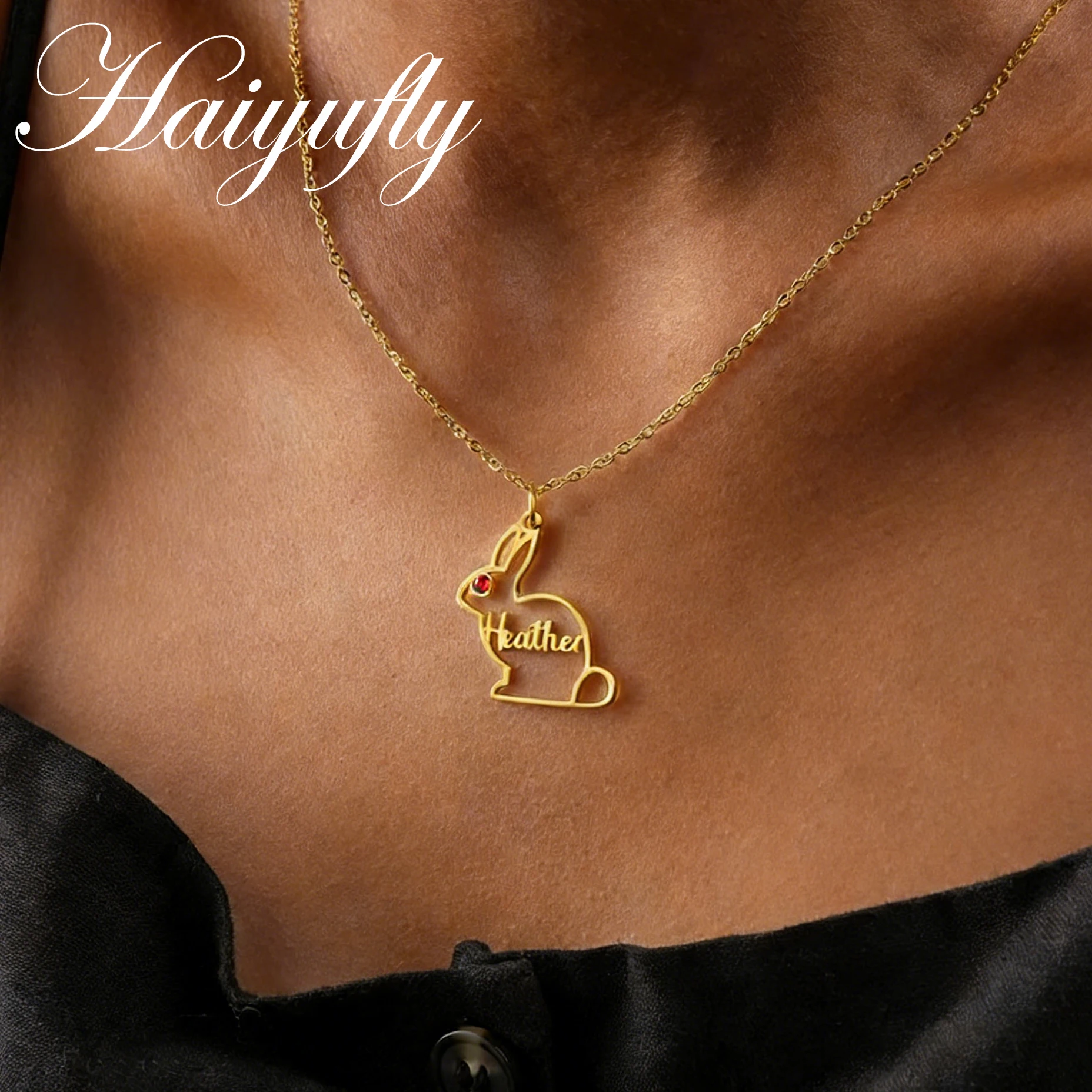 

Haiyufly Custom Name Necklace for Women with Rabbit Birthstone Stainless Steel Jewelry Choker Chain Personalized Birthday Gift