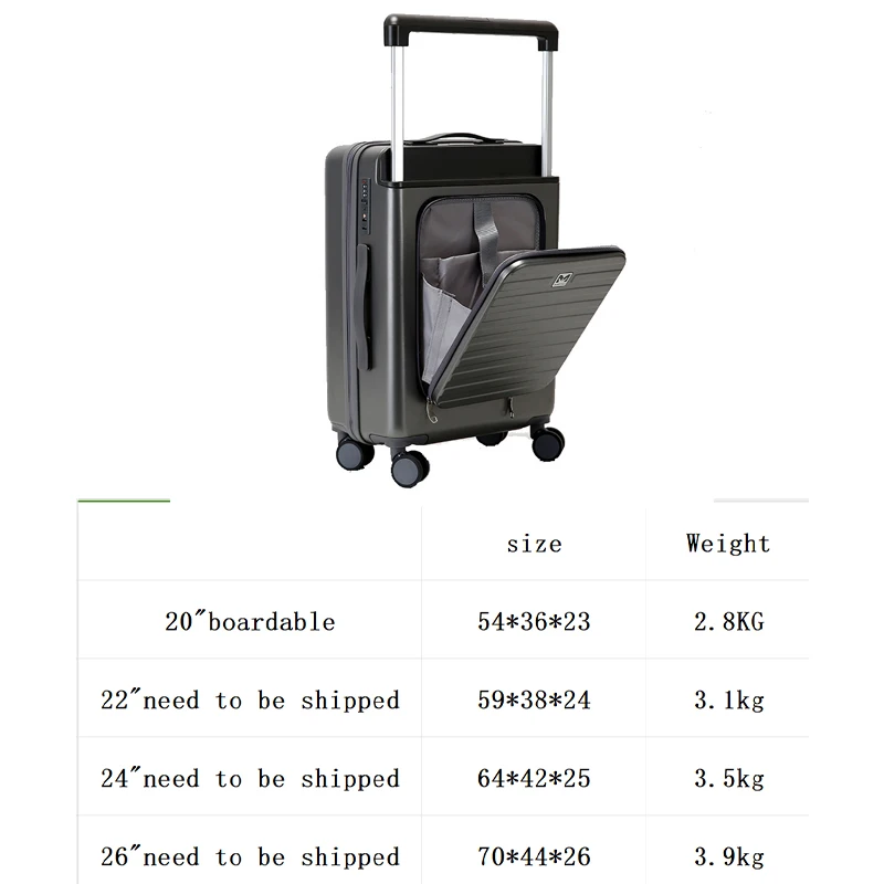 Wide Handle 20Inch Boarding box Multifunctional front Opening Alloy Trolley Case 22“24”26“ Combination Lock Lightweight Suitcase