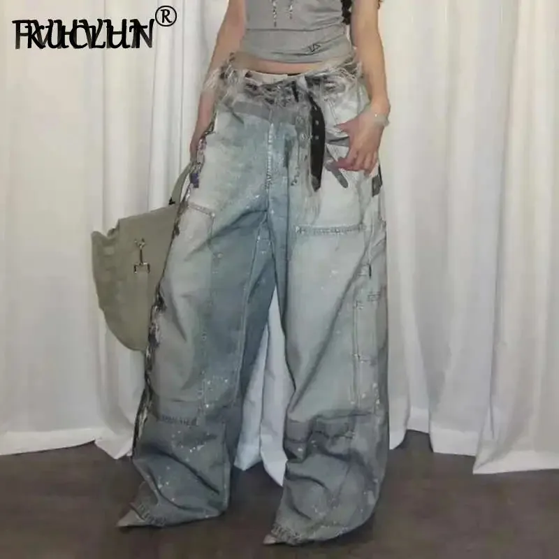 

KUCLUT Fashion Printed Design Contrast Color Denim Pants For Women Loose High Waist Straight Wide Leg Jeans Female Trendy 1A48