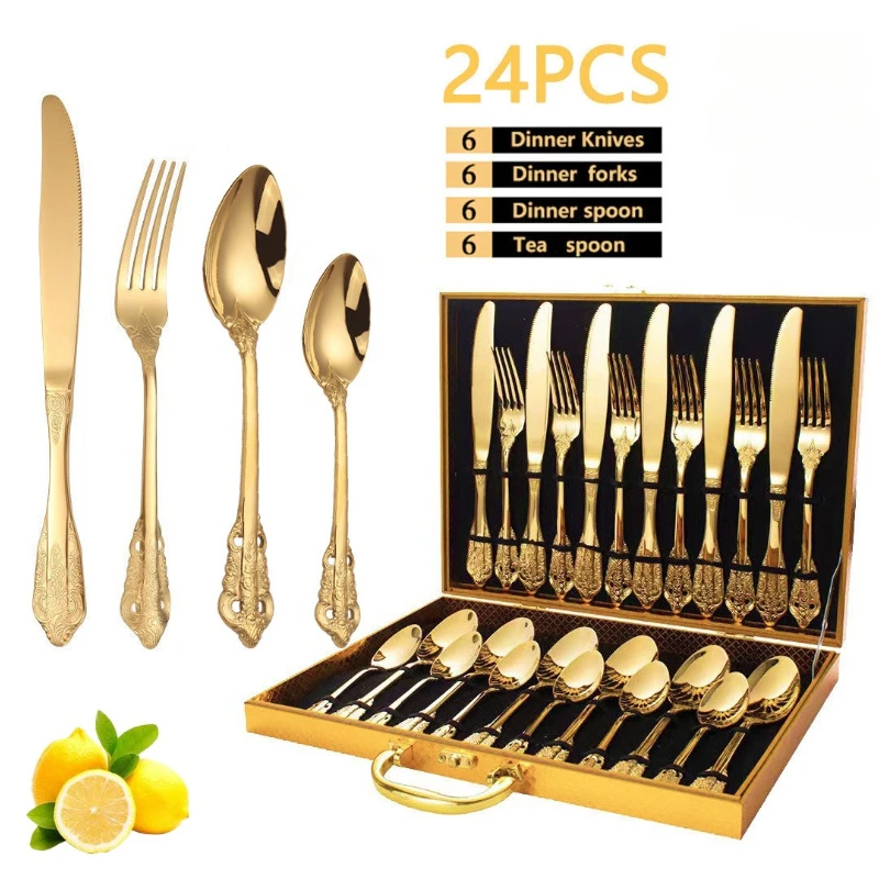 

24pcs Fork spoon stainless steel tableware Gift box for Western cuisine portable cutlery travel services luxury Kitchen kit