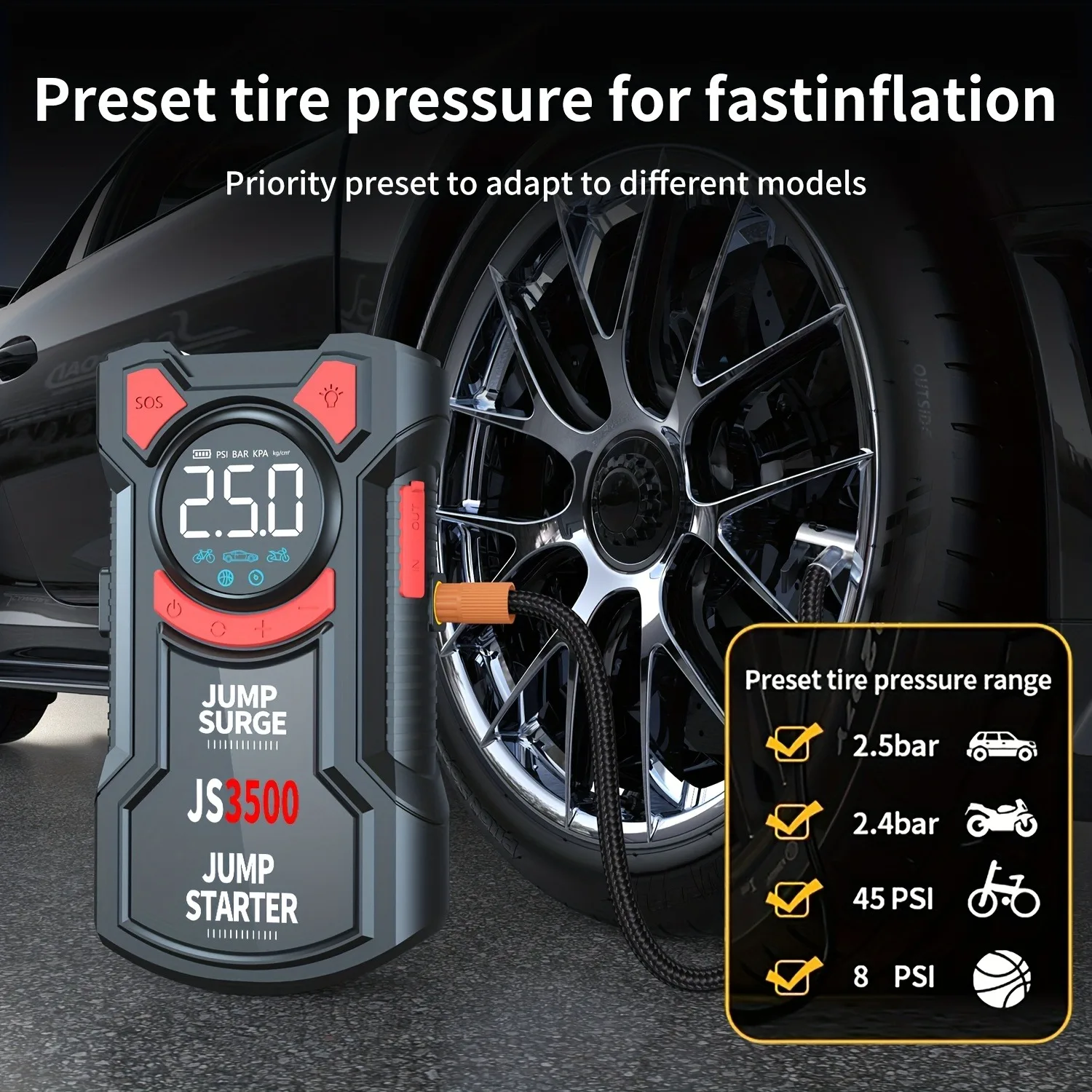 

5-in-1 Multifunctional Car Jump Starter 3000A Peak 150PSI Digital Air Compressor Tire Inflator Portable Air Pump