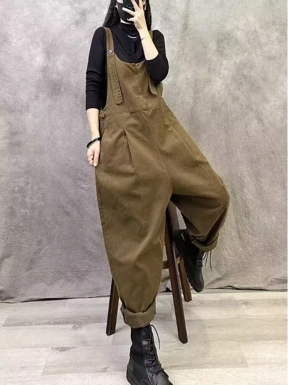 Retro Workwear Style Women's Harem Strap Pants Loose Casual Fashionable High Waist Pure Color Leisure Trousers