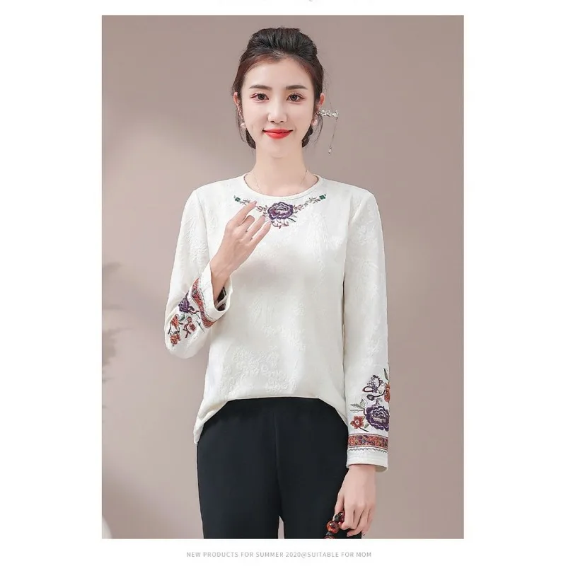 Autumn Winter Bottoming Shirt Plus Velvet Retro Embroidered Ethnic Style T-shirt, Round Neck Versatile and Elegant Top for Women