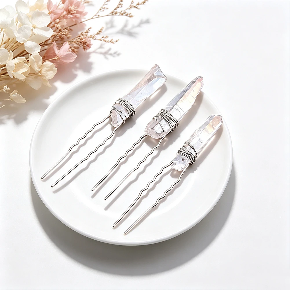 Natural Quartz Crystal Point Hair Fork Hand Wire Wrapped Raw Crystal Wave Hair Pin Witch Spiritual Boho Hair Accessory for Women