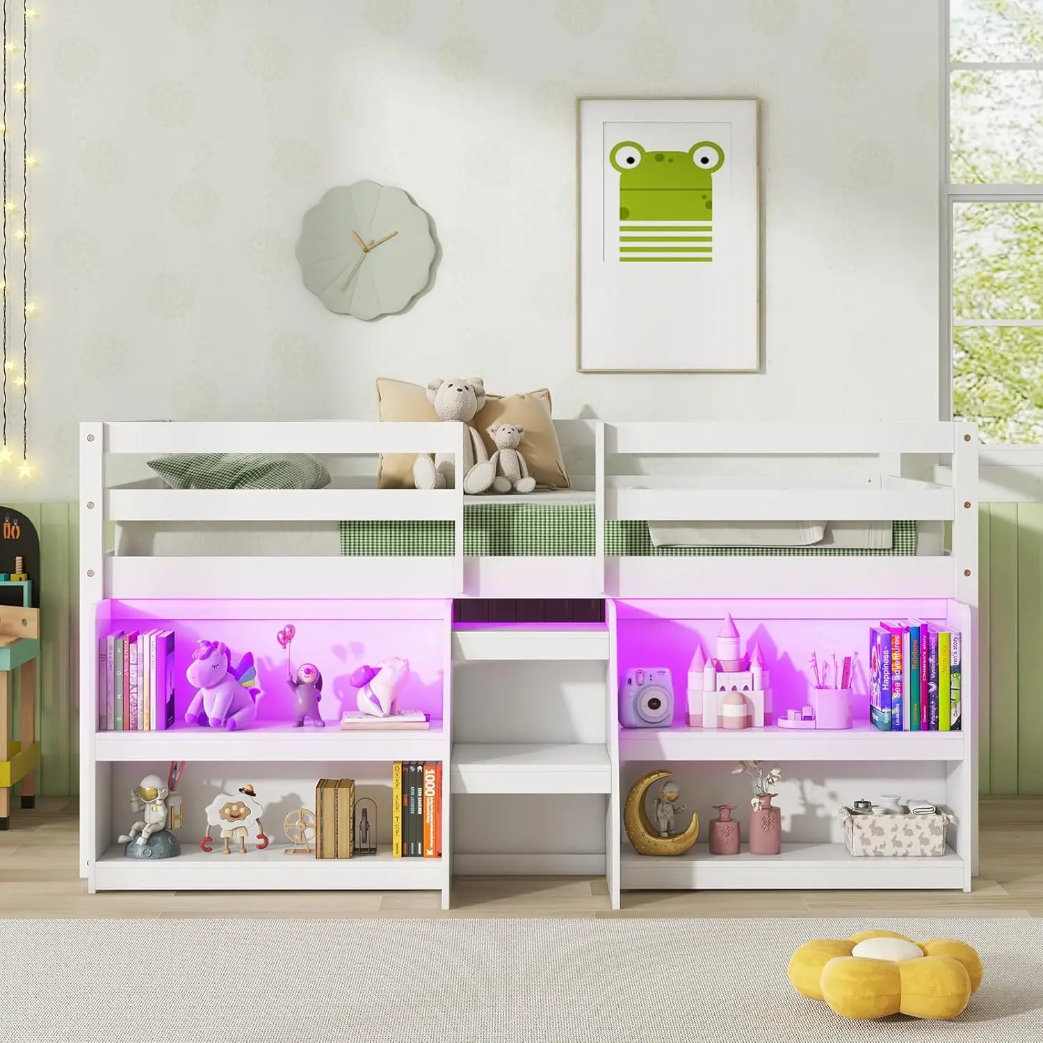 Cama con luces LED, cama alta doble de madera con escaleras y barandilla de seguridad, cama alta tamaño doble con almacenamiento Bookc