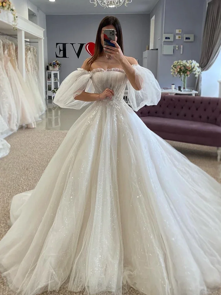 Sparkly A-line Tulle Wedding Dress 2026 Lace Applique Off The Shoulder Puff Sleeves Bridal Gowns Chruch Bride Dresses Vestidos