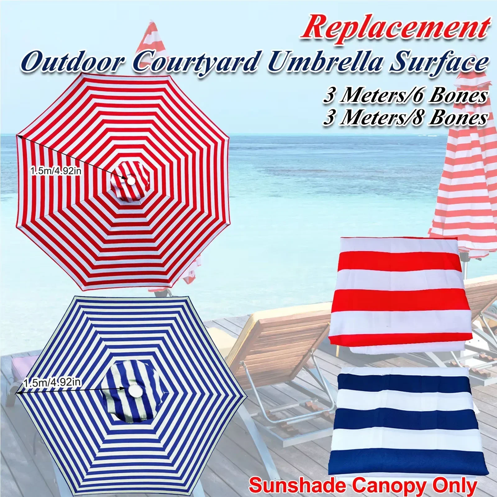 

3m Stripe Outdoor Patio Umbrella Canopy, Polyester Sunshade Umbrella Cloth, Fits 8/6 Rib Garden Central Column Parasol