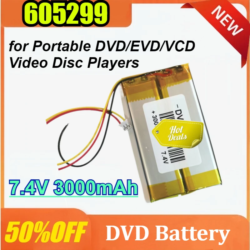 

605299 7.4V 3000mAh 3-Wire Lithium Polymer Rechargeable Battery for Portable DVD/EVD/VCD Video Disc Players