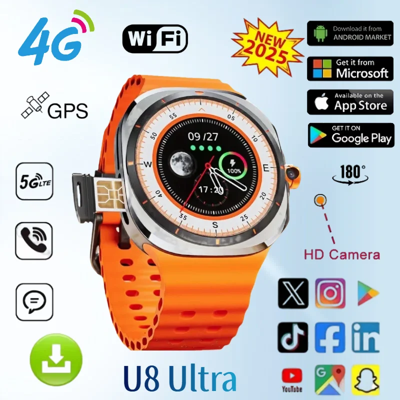 U8 Ultra Android Smartwatch New Global Call 5G/4G Full Network Rotation Camera Amoled Screen GPS WIFI NFC SIM Card Sport Watch
