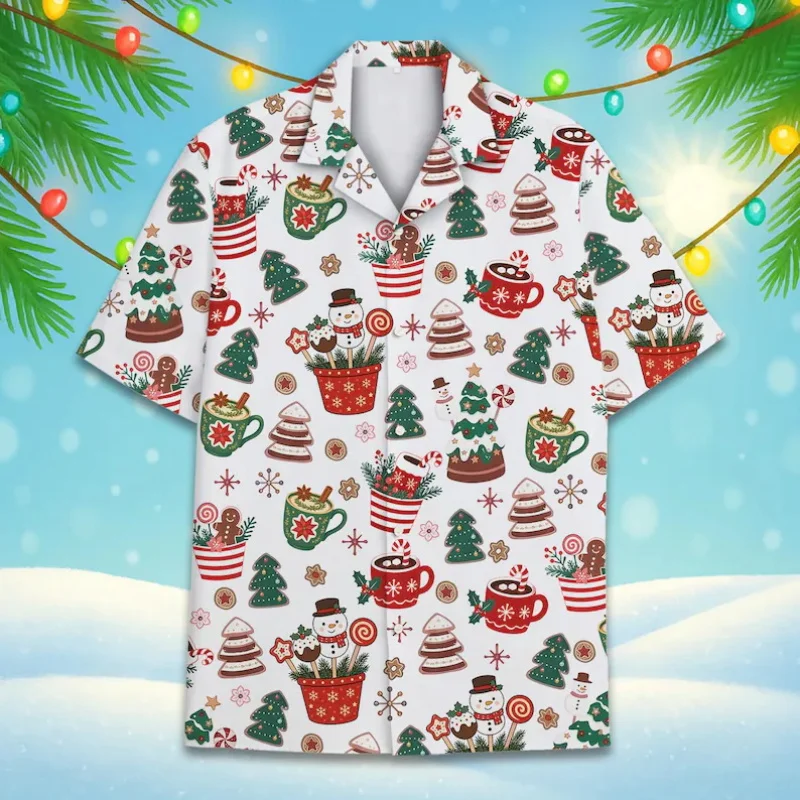 Men Short Sleeve Hawaiian Shirt Christmas Dinosaur T-Rex Santa Costume Xmas Lights Gift Print Holiday Party Button Down Shirt