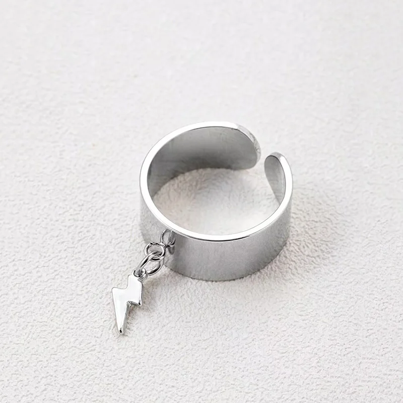 Hiphop Stainless Steel Thunder Lightning Charm Ring Wide Adjustable Rings For Men Women Jewelry