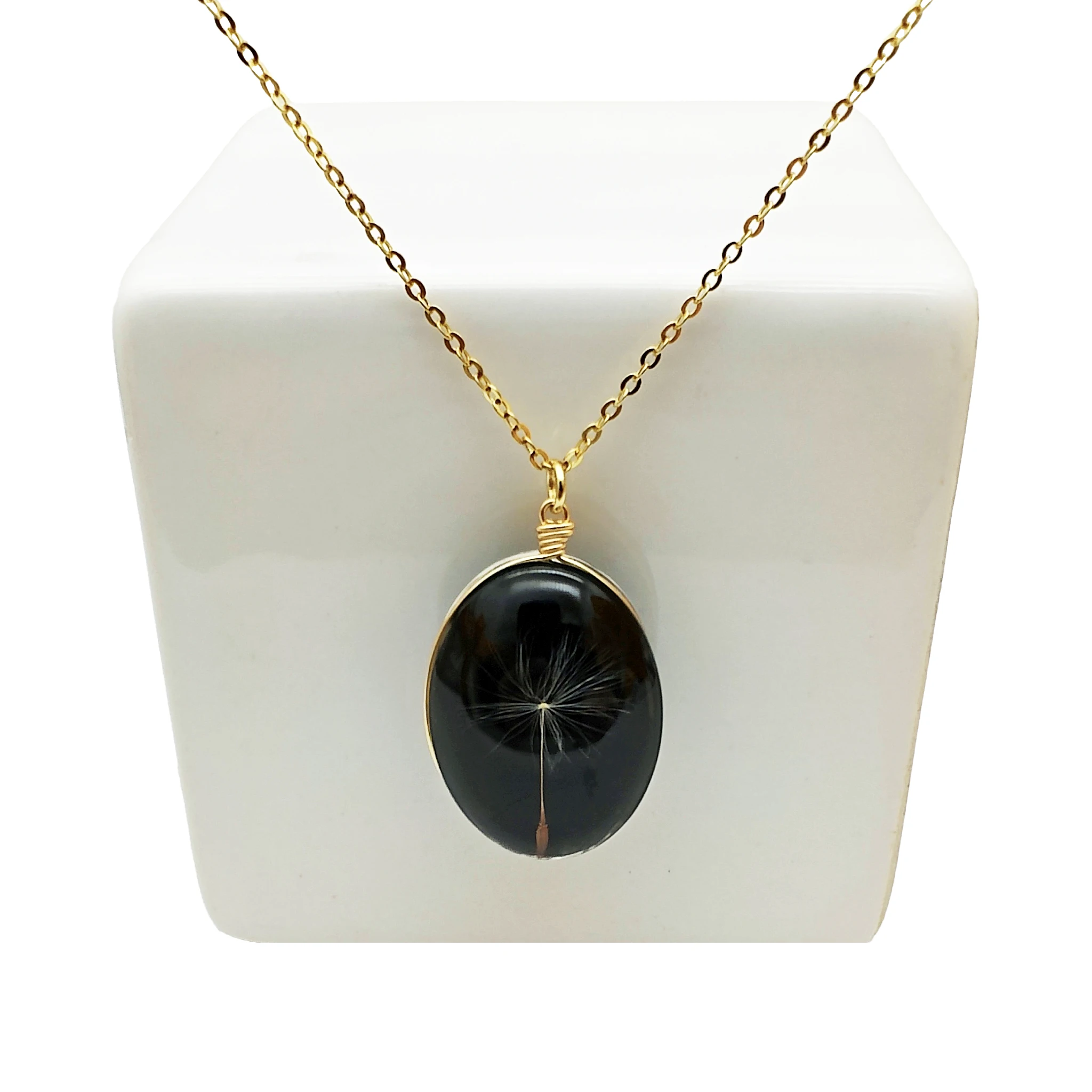 Dandelion Make a Wish Black Glass Pendant Gold Silver Color Chain Necklace Women Choker Boho Fashion Jewelry Bohemian Handmade