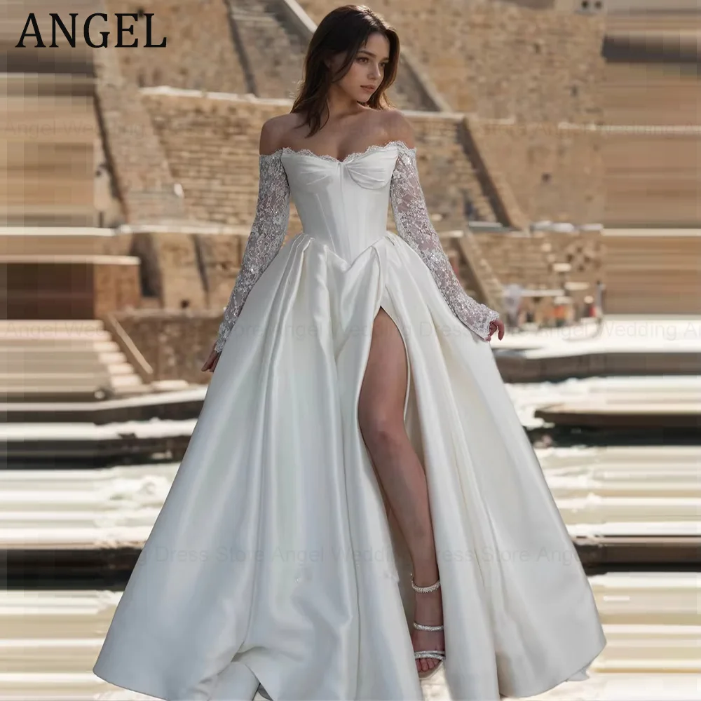 

Свадебное платье ANGEL, современное, фасона А-силуэт, для невесты, 2026, с шнуровкой, открытыми плечами, длинными рукавами с аппликациями, из атласа, Vestidos de Novia