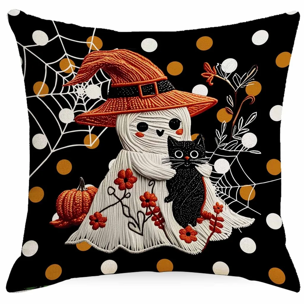 Halloween Throw Pillow Case Linen Faux Embroidery Ghost Cat Pumpkin Cushion Cover Spooky Party Farmhouse Home Decor
