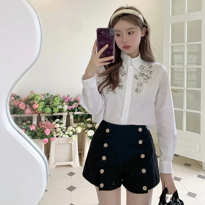 French Elegant Bead Decoration Temperament White Shirt Blouse Women\'s Autumn New Long sleeved Lapel Versatile Casual Shirts Top