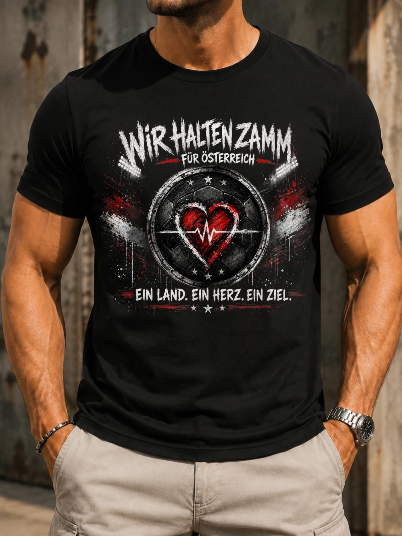 Wir Halten Zamm Fur osterreich soccer ball heart stadium lights red grunge texture and unity T-shirt unisexe