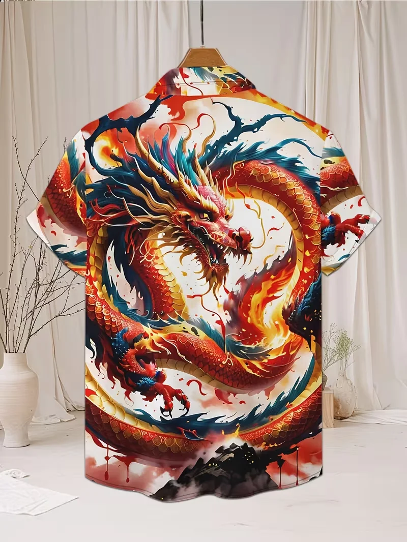 Men's Red Gold Dragon Hawaiian Shirt, Chinese Dragon Print Short Sleeve Button Up Aloha Shirt, Casual Beach Holiday Party Shirts