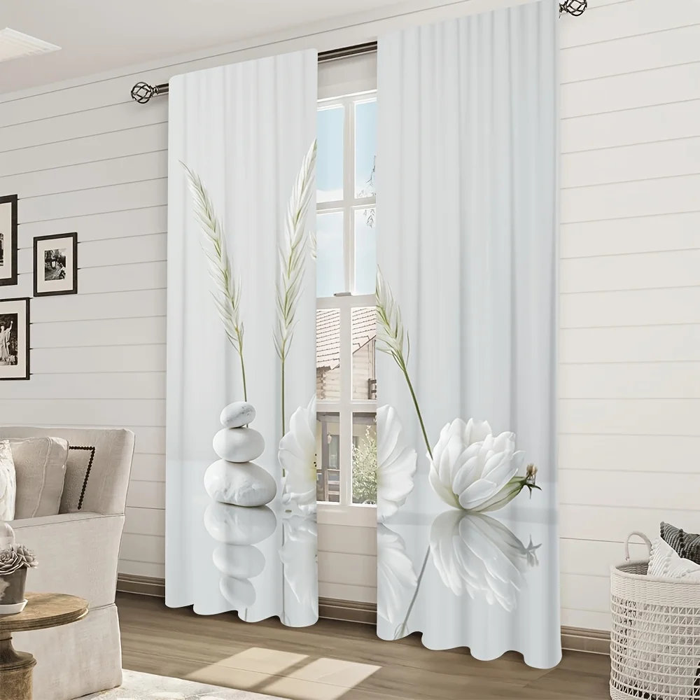 Zen Spa Curtains, White Lotus Stone Graphic Window Drapes, Minimalist Home Decor, Blackout Fabric for Living Room Bedroom