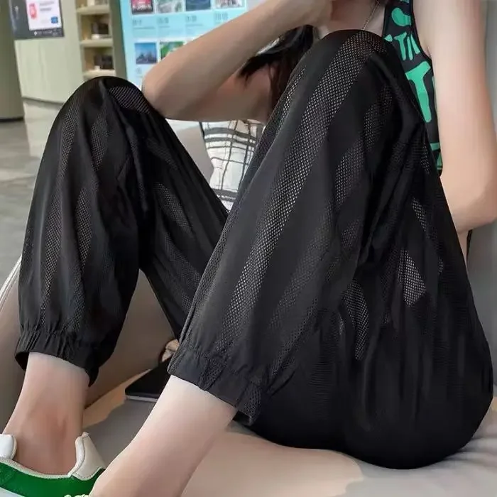 Spring and Summer Hollow Sports Thin Loose Mesh Slim Fit Casual Quick Drying Air-Conditioning Ankle Pants for Women