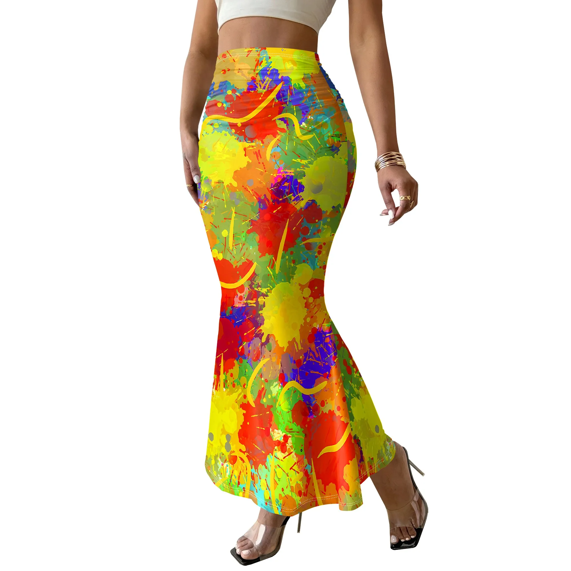 Vibrant Paint Splatter Mermaid Skirt, Colorful Graffiti Maxi Skirt, Artistic Print Long Skirt for Women Summer Beach Party S-2XL