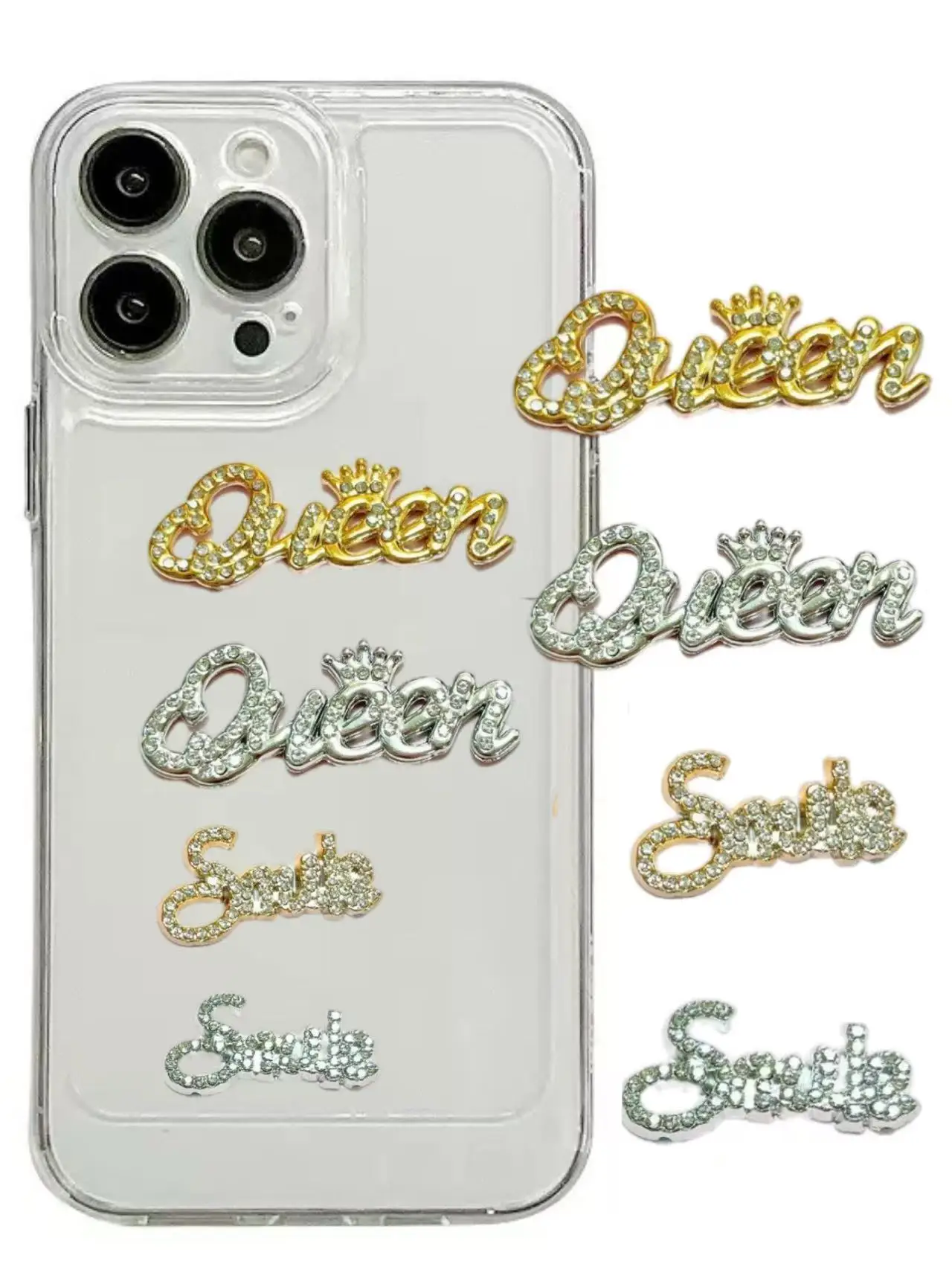 

10PCS Kawaii Silvery Golden Luxury Rhinestone Queen Smile English Words Resin Decoration Charms Junk Phone Case Ipadcase Charms