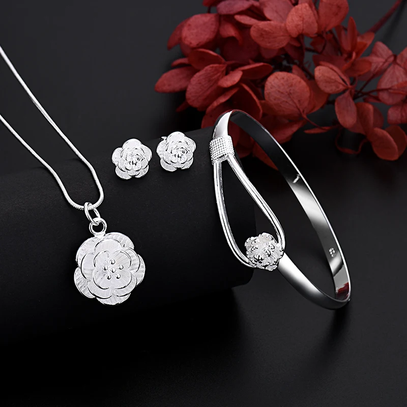 Fine Silver Color Charm Flower Necklace Earring Bangle Jewelry for Women Retro Set Wedding Gift TRENDY Lovely image 2