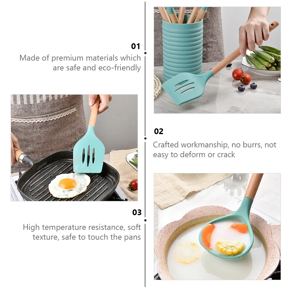 

7 pcs Silicone Kitchen Utensils Set 1 Set Creative Cooking Tools Heat Resistant Non-Stick Bakeware With Wooden Handle Practical