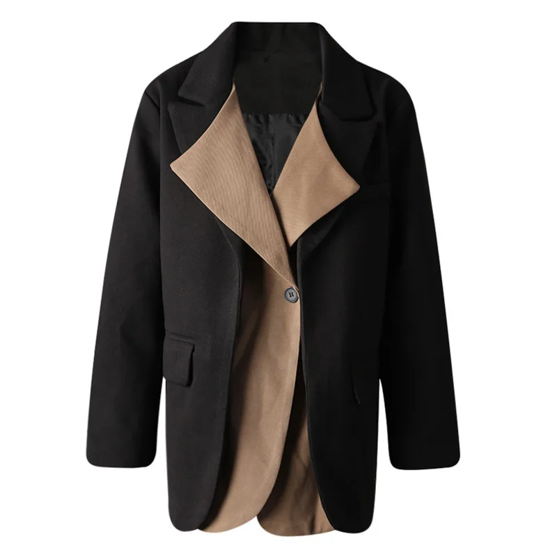 TLXT Fashion Women's Contrast Color Patchwotk Fake 2 Piece Blends Blazer Lapel Loose Single Button Suit Jacket Autumn New XK1513