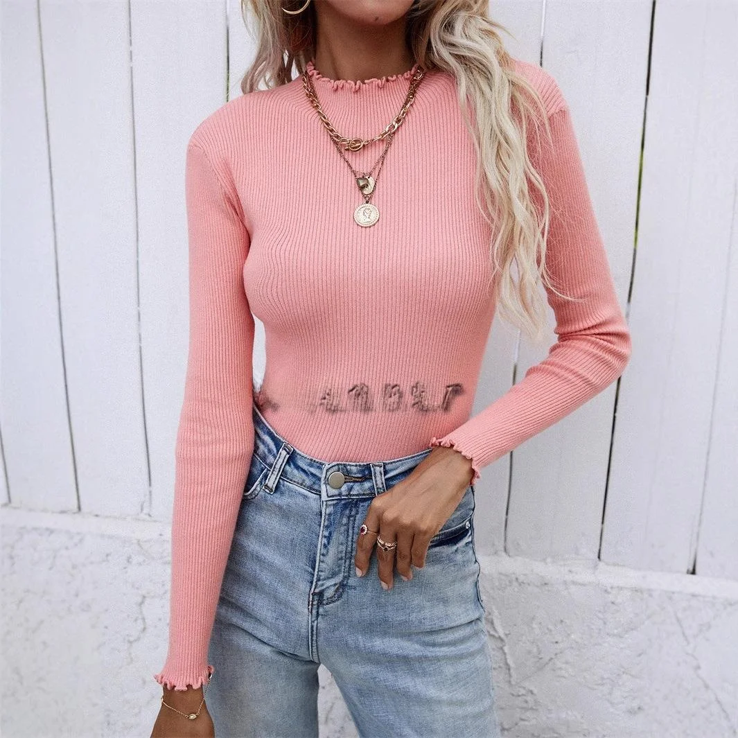 

Loose Women's Knitted Sweater Base irt Small High Collar Pure Color Fem Top Autumn New Sle Long Sve Base irt