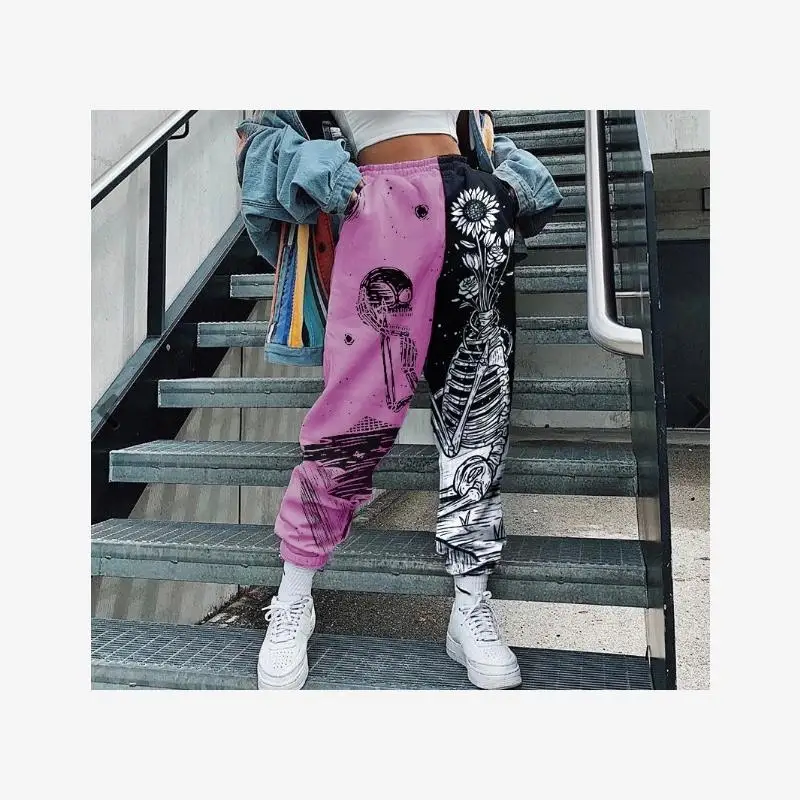 Ladies Casual Printed Cuffed Color Block Sports Pants High Waist Long Trousers Harlan Style All Match Material 100% Other