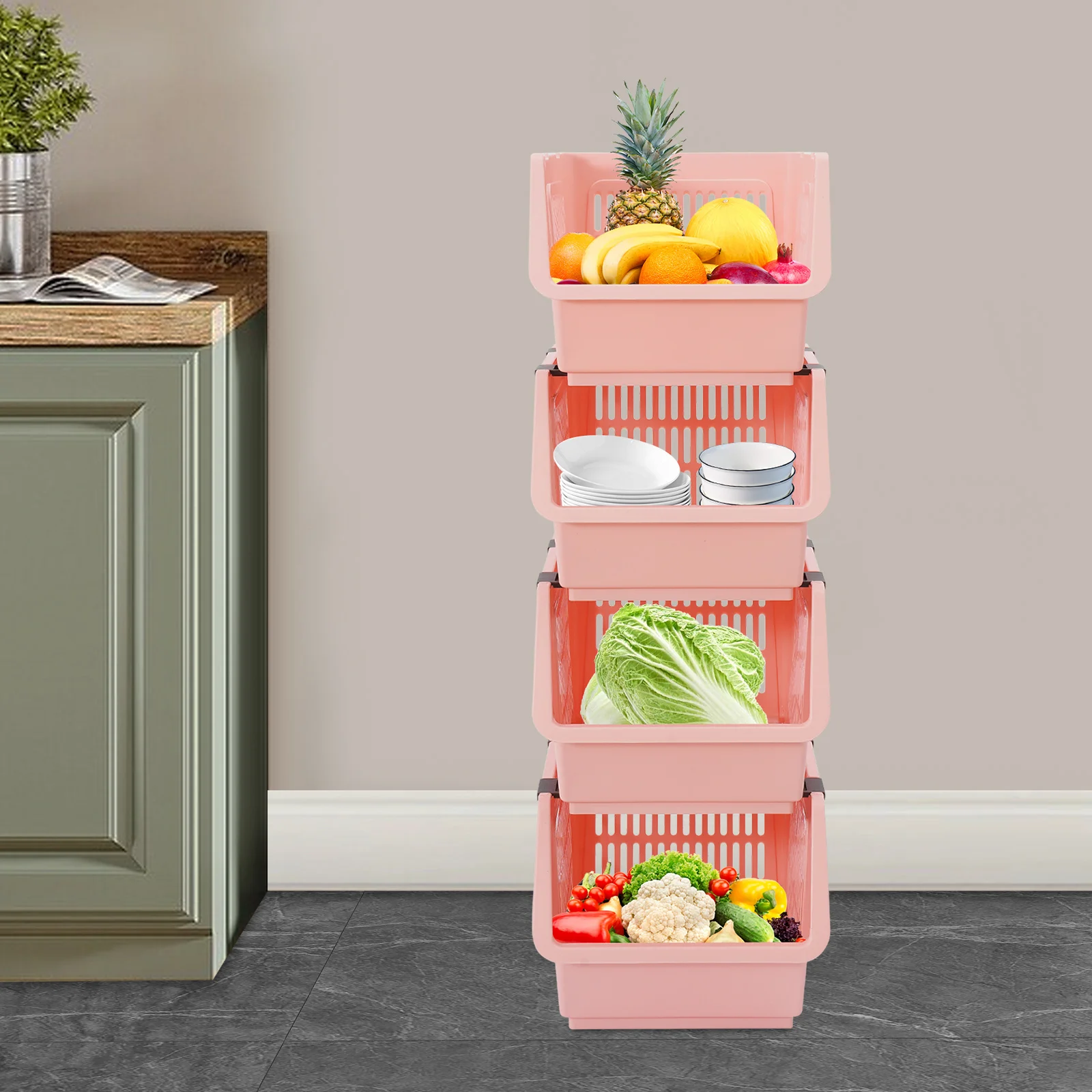 

4 PCS Modern Stackable Storage Baskets Organizer Spacious Design Rectangular Pink for The Kitchen, Bedroom, or Office