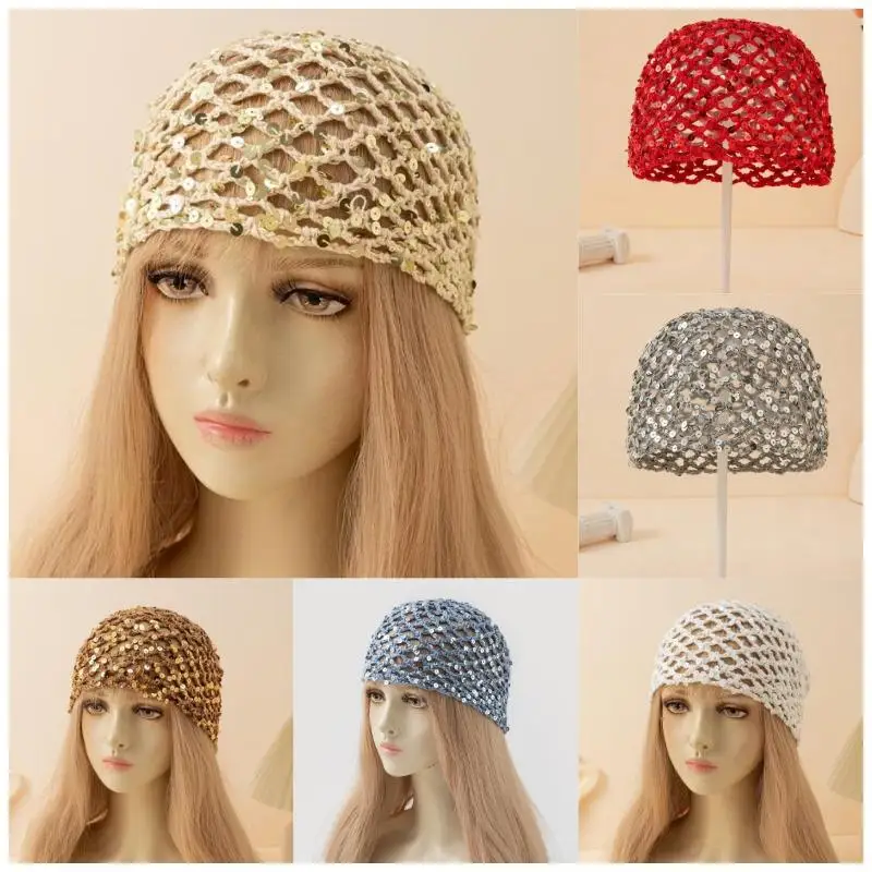 Nouveau bonnet en maille tricotée pour adulte, design ajouré, couleur unie, style foulard filet tendance pour relier les cheveux
