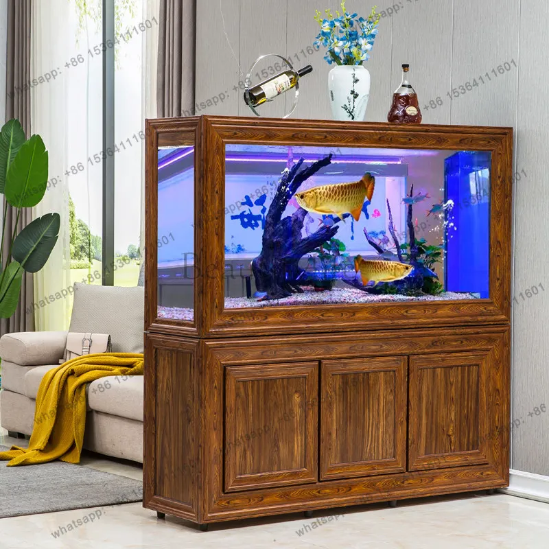 2026 new Chinese fish tank living room wood grain screen against the wall retro solid wood bottom filter fish tank