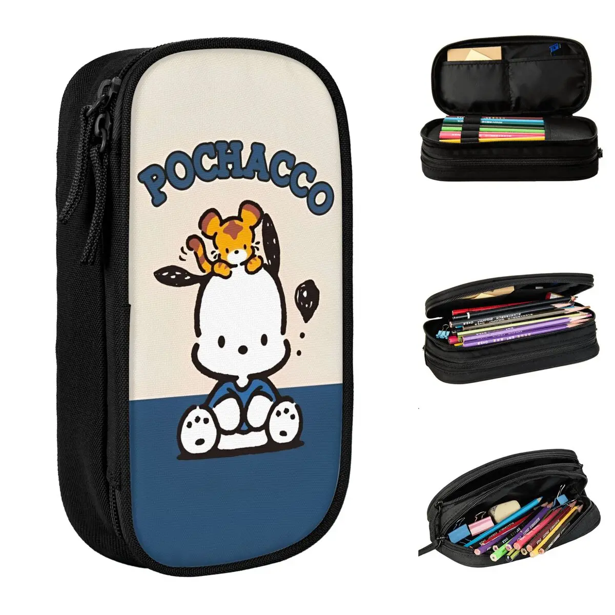 Divertido estuche de lápices Kawaii Pochacco, estuches de lápices con dibujos de perros, bolígrafo para estudiantes, bolsa de almacenamiento grande, papelería con cremallera para oficina