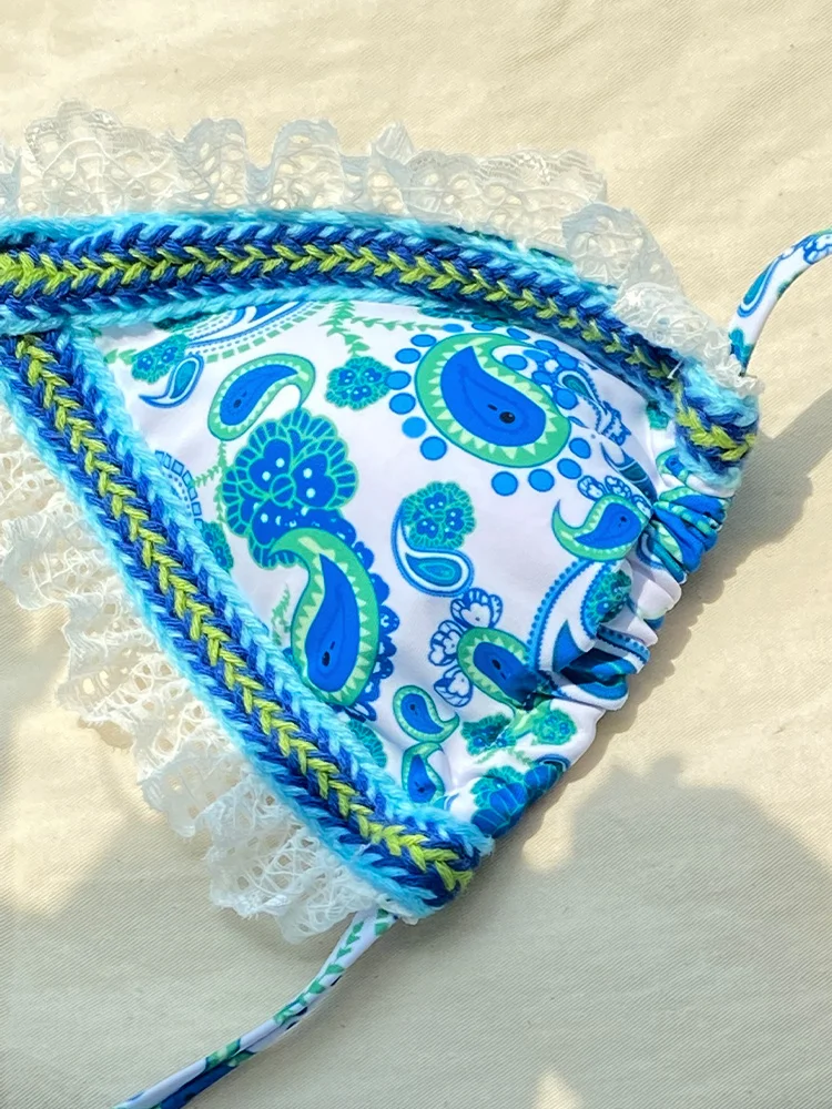 Koronkowe Bikini strój kąpielowy Paisley kobiety seksowne stroje kąpielowe zestaw Bikini kostium kąpielowy typu Push Up bandaż kąpielowy stringi