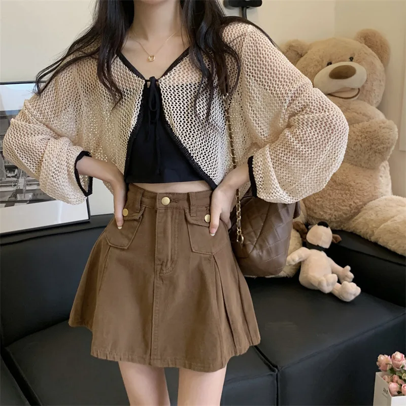 Fashion Lace Up Short Cardigan Women Thin Sun Protection Knitwear Cover Long Sleeve Top